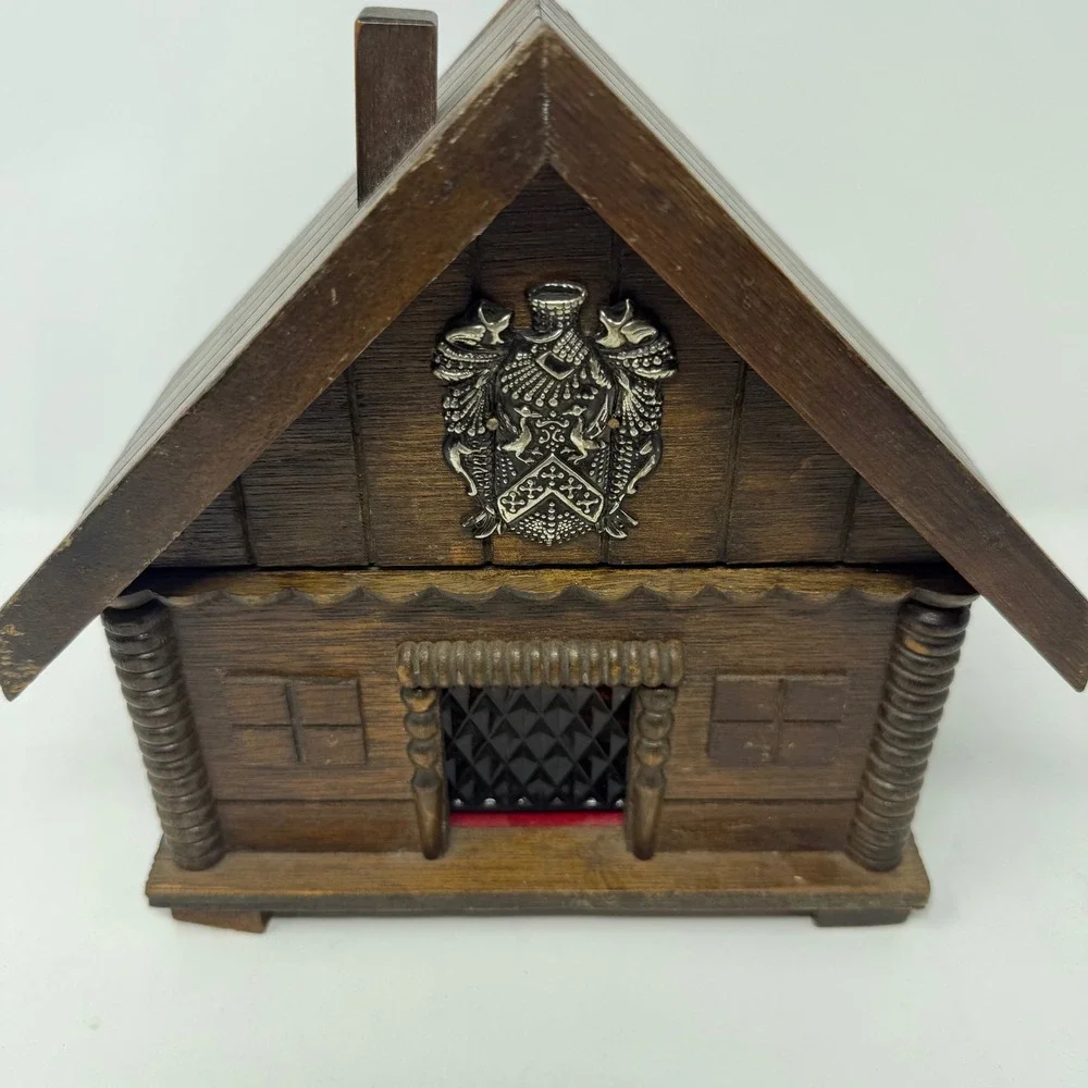 Vintage Wooden Swiss Chalet Decanter Set Amber Glass 4 Shot Glasses Log Cabin